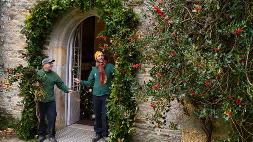 Volunteers and staff using holly to decorate the front door for Christmas at Buckland Abbey, Devon